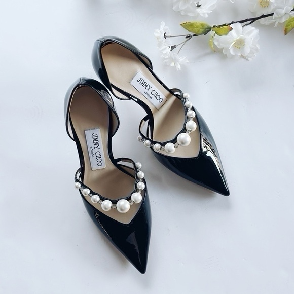 Jimmy Choo Aurelie Black Patent Leather Pointed Pumps with Pearl Embellishment - Picture 1 of 15